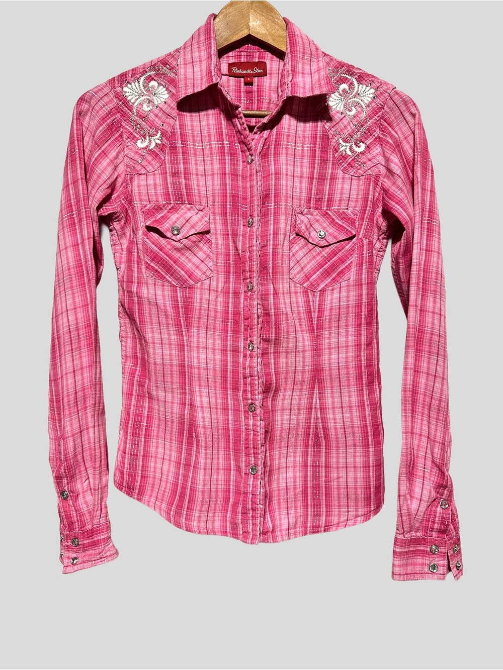PANHANDLE SLIM Pink Plaid Western Rodeo Rhinestone Snap Cowgirl Shirt S